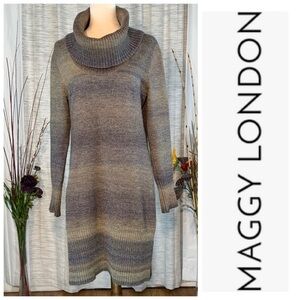Maggy London blacks/grays/tan striped knit long sleeve turtleneck sweater dress